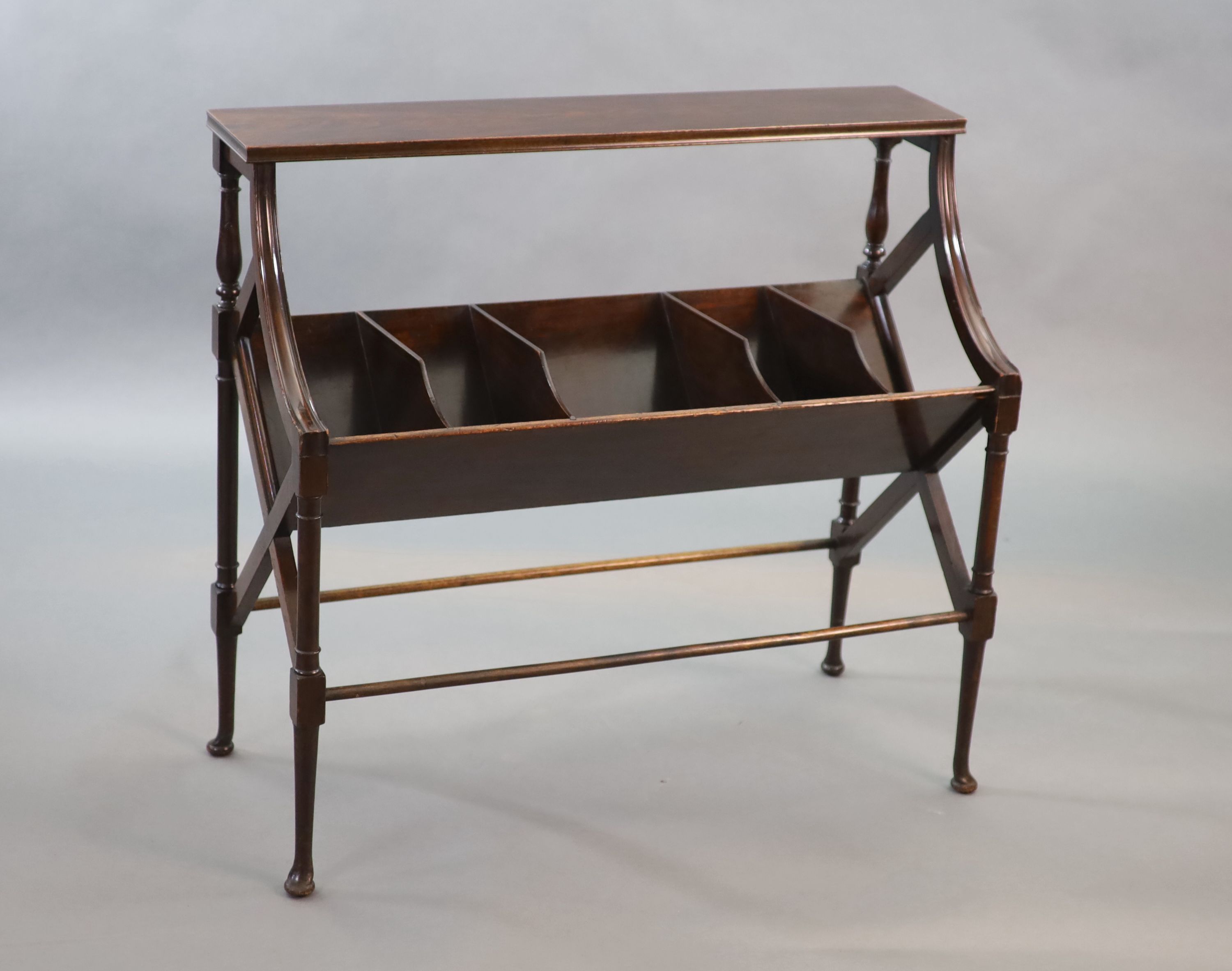 An early 20th century mahogany book stand, W.93cm D.39cm H.84.5cm